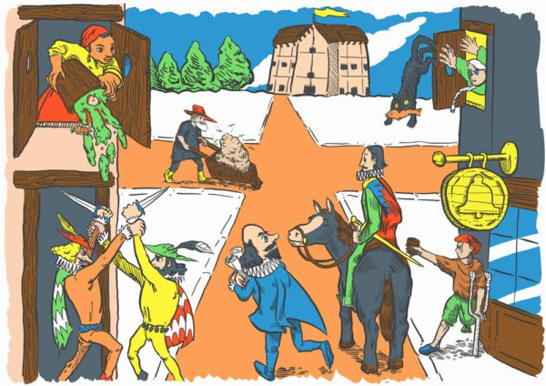 A cartoon sketch of Elizabethan London, with the Globe theatre in the background flying a yellow flag; Shakespeare in blue in foreground walking forward, looking to his right at a man in green and red on a horse; to his left, two men fight with daggers; a man pushes a wheelbarrow of dung in the crossroads at the centre, while a woman throws slops out of a window on the left; a cat jumps out of the opposite window; underneath the cat, a boy offers a glass of beer outside a building with the sign of the bell hanging before its ground floor window.